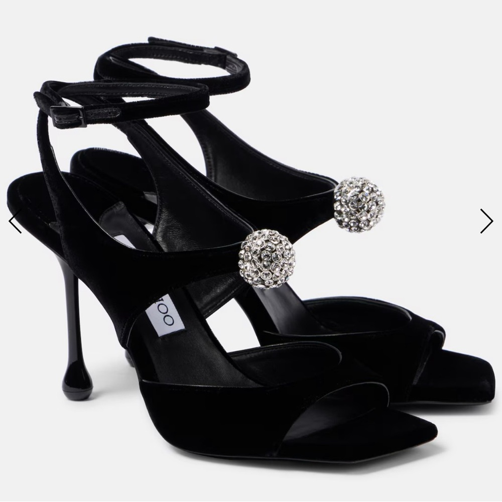 Jimmy Choo
Women's Black Orb 95 Embellished Velvet Sandals  Size 37